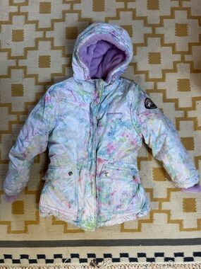 Free Country Lavender Hooded Puffer Jacket with Pastel Watercolor Design